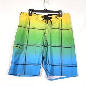 Hang Ten Board Shorts Mens 34 Yellow Green Blue Plaid Stretch Swim Trunks Surfer